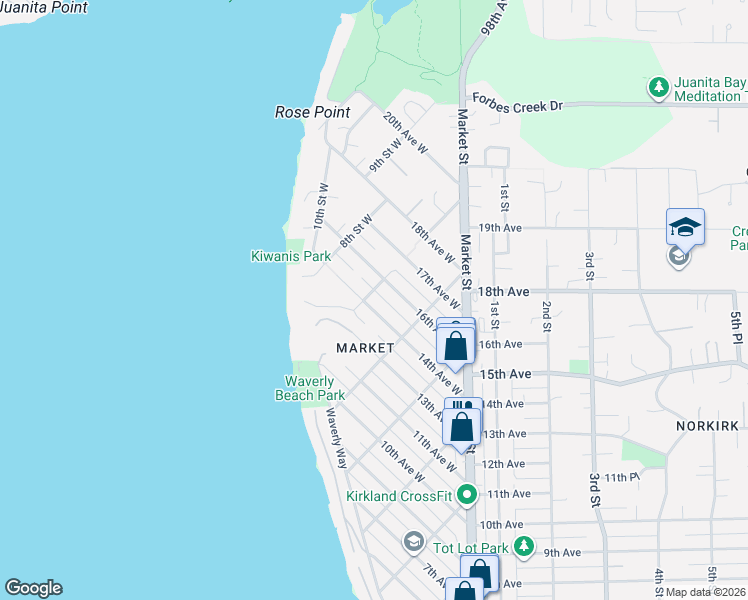 map of restaurants, bars, coffee shops, grocery stores, and more near 698 14th Avenue West in Kirkland