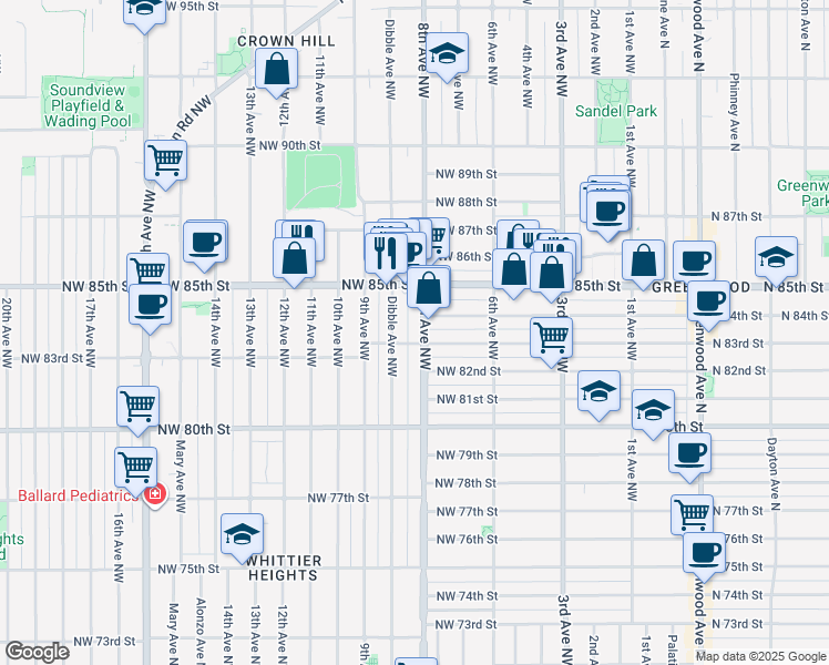 map of restaurants, bars, coffee shops, grocery stores, and more near 8312 Dibble Avenue Northwest in Seattle