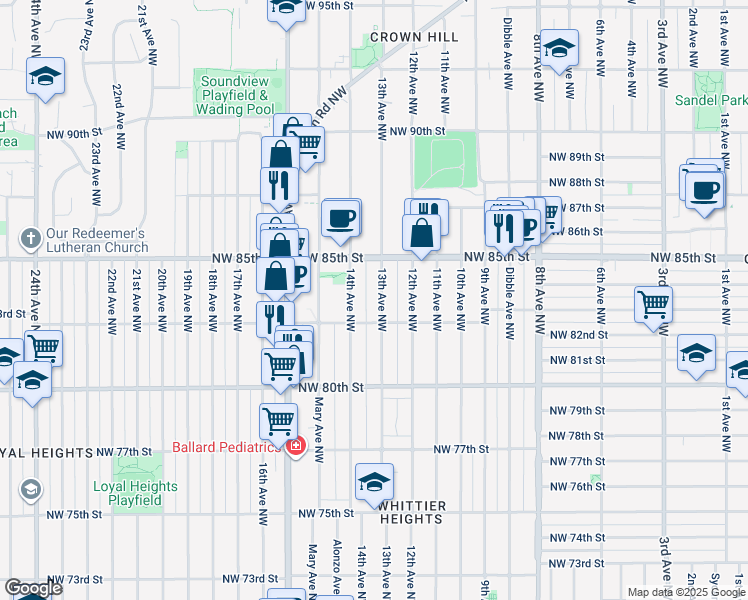 map of restaurants, bars, coffee shops, grocery stores, and more near 8327 13th Avenue Northwest in Seattle