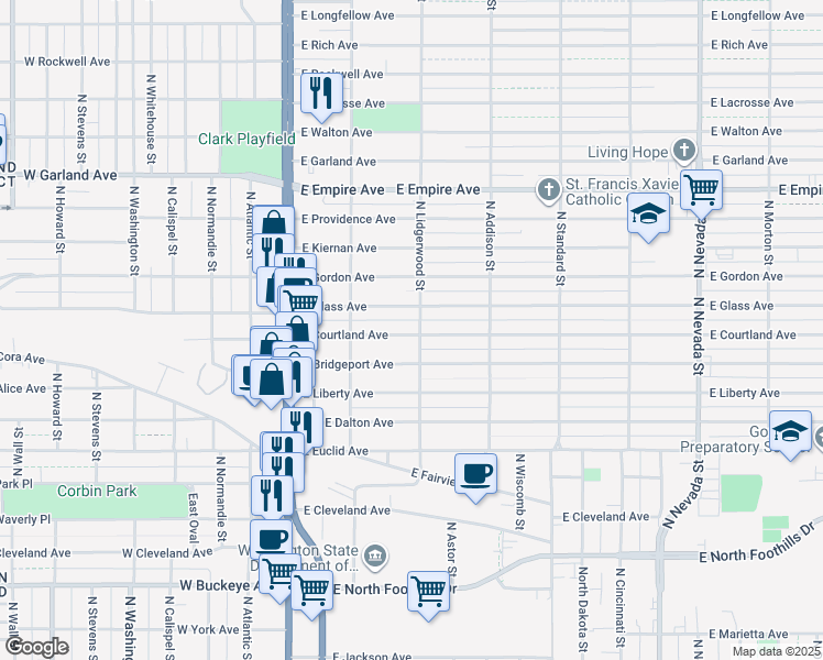 map of restaurants, bars, coffee shops, grocery stores, and more near 3403 North Lidgerwood Street in Spokane