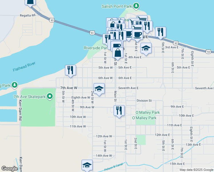 map of restaurants, bars, coffee shops, grocery stores, and more near 608 1st Street West in Polson