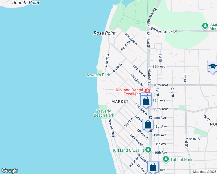 map of restaurants, bars, coffee shops, grocery stores, and more near 1023 14th Place West in Kirkland