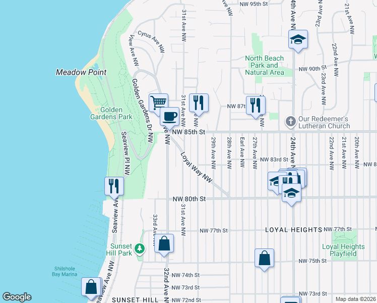map of restaurants, bars, coffee shops, grocery stores, and more near 8361 31st Avenue Northwest in Seattle
