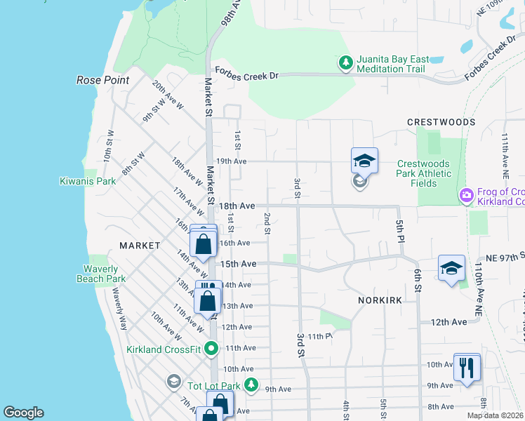 map of restaurants, bars, coffee shops, grocery stores, and more near 141 18th Avenue in Kirkland