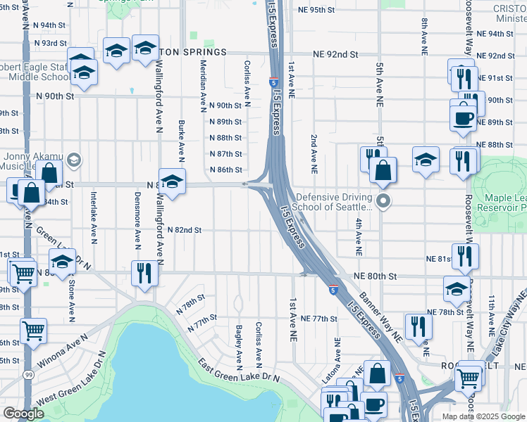 map of restaurants, bars, coffee shops, grocery stores, and more near 8223 Sunnyside Avenue North in Seattle