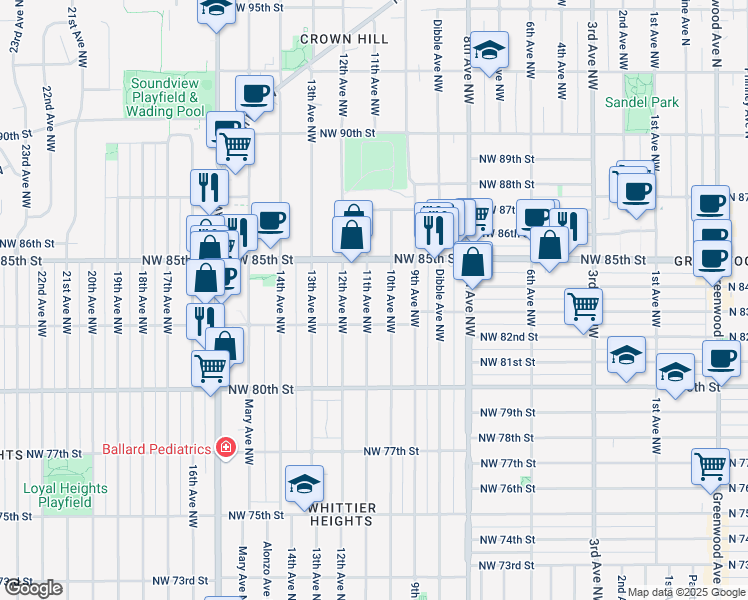 map of restaurants, bars, coffee shops, grocery stores, and more near 8322 11th Avenue Northwest in Seattle