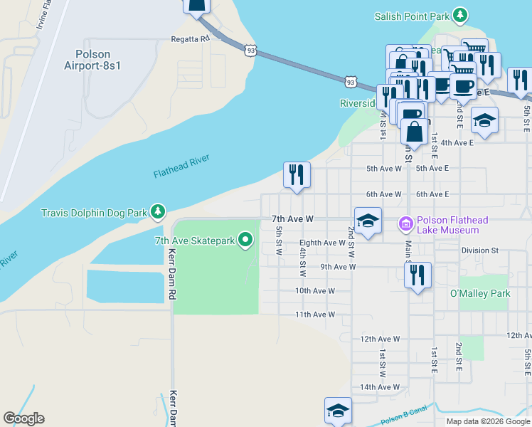 map of restaurants, bars, coffee shops, grocery stores, and more near 611 6th Street West in Polson