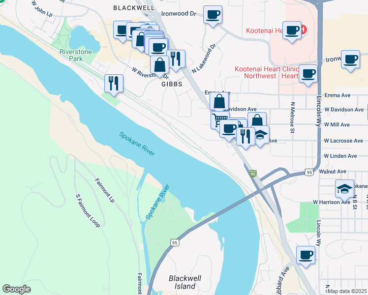 map of restaurants, bars, coffee shops, grocery stores, and more near 1336 Bellerive Lane in Coeur d'Alene