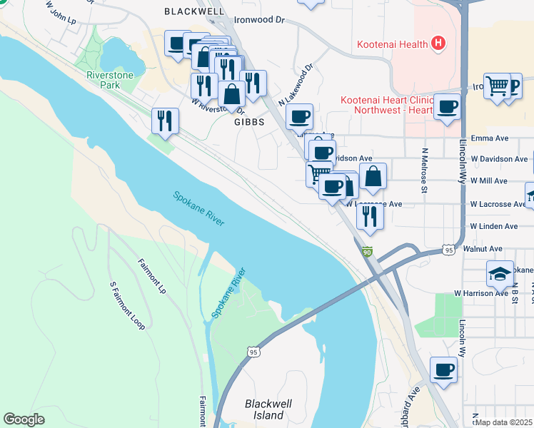 map of restaurants, bars, coffee shops, grocery stores, and more near 1336 Bellerive Lane in Coeur d'Alene