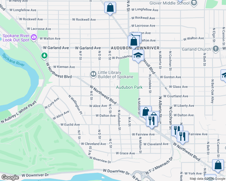 map of restaurants, bars, coffee shops, grocery stores, and more near 3418 North C Street in Spokane