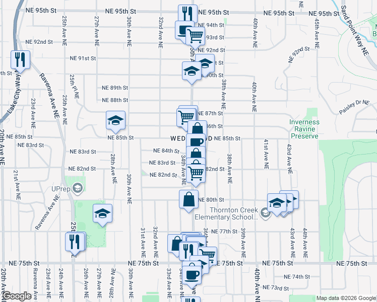 map of restaurants, bars, coffee shops, grocery stores, and more near 8401 35th Avenue Northeast in Seattle