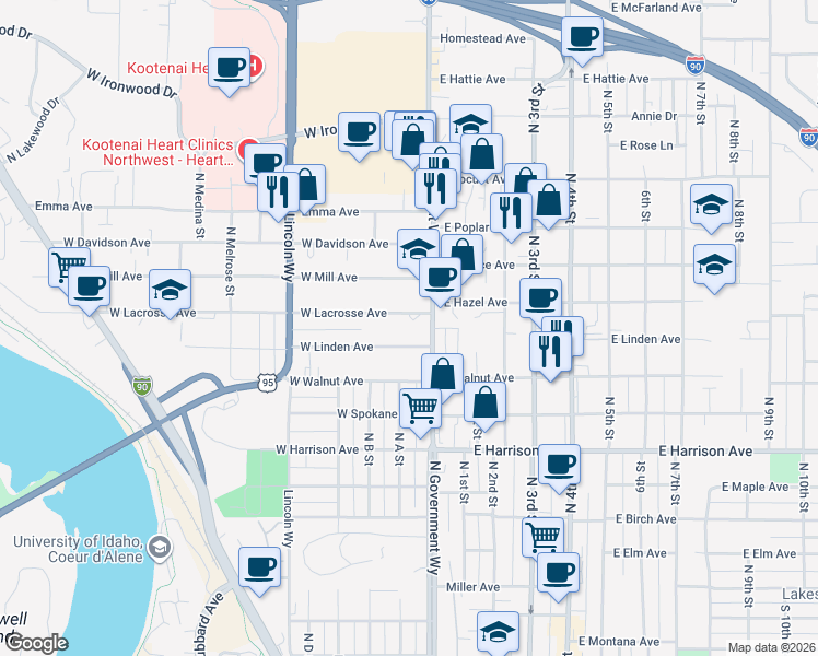 map of restaurants, bars, coffee shops, grocery stores, and more near 210 West Lacrosse Avenue in Coeur d'Alene