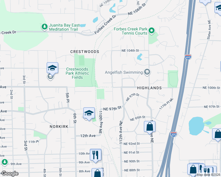 map of restaurants, bars, coffee shops, grocery stores, and more near 11107 Northeast 100th Street in Kirkland