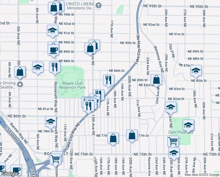 map of restaurants, bars, coffee shops, grocery stores, and more near 8230 17th Avenue Northeast in Seattle