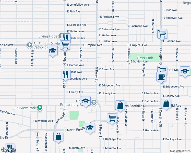 map of restaurants, bars, coffee shops, grocery stores, and more near 1327 East Courtland Avenue in Spokane