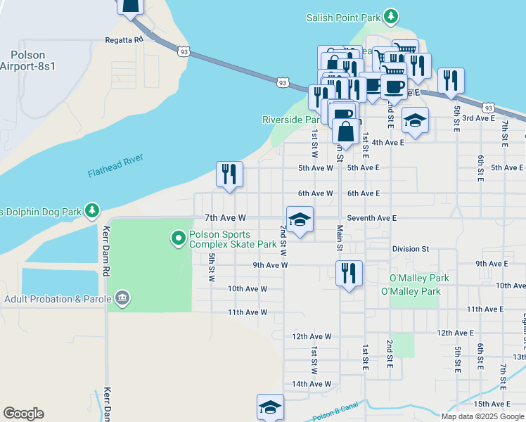 map of restaurants, bars, coffee shops, grocery stores, and more near 607 3rd Street West in Polson