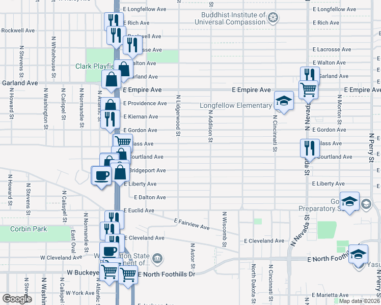 map of restaurants, bars, coffee shops, grocery stores, and more near 323 East Courtland Avenue in Spokane