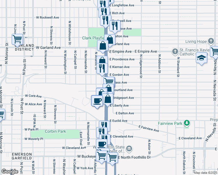 map of restaurants, bars, coffee shops, grocery stores, and more near 3402 U.S. 395 in Spokane