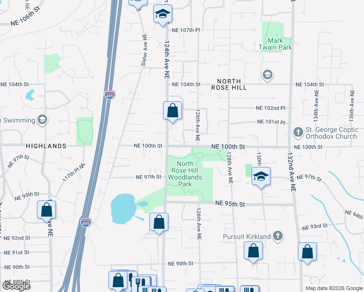 map of restaurants, bars, coffee shops, grocery stores, and more near Northeast 100th Street in Kirkland