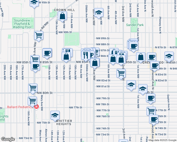 map of restaurants, bars, coffee shops, grocery stores, and more near 8312 Dibble Avenue Northwest in Seattle