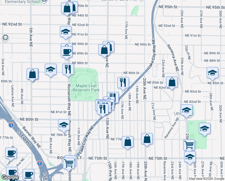 map of restaurants, bars, coffee shops, grocery stores, and more near 8233 16th Avenue Northeast in Seattle