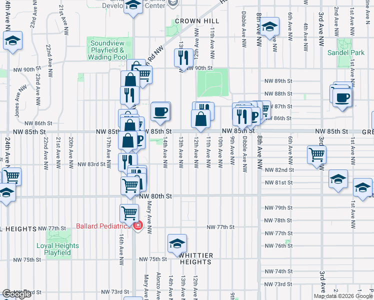 map of restaurants, bars, coffee shops, grocery stores, and more near 13th Avenue Northwest in Seattle