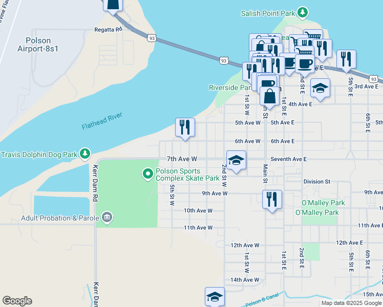 map of restaurants, bars, coffee shops, grocery stores, and more near 607 4th Street West in Polson