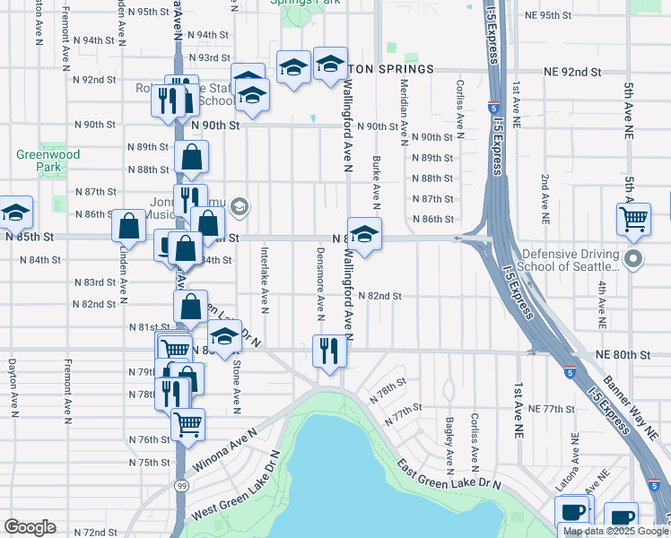 map of restaurants, bars, coffee shops, grocery stores, and more near 8225 Wallingford Avenue North in Seattle