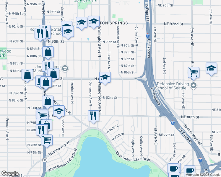 map of restaurants, bars, coffee shops, grocery stores, and more near 8200 Wallingford Avenue North in Seattle