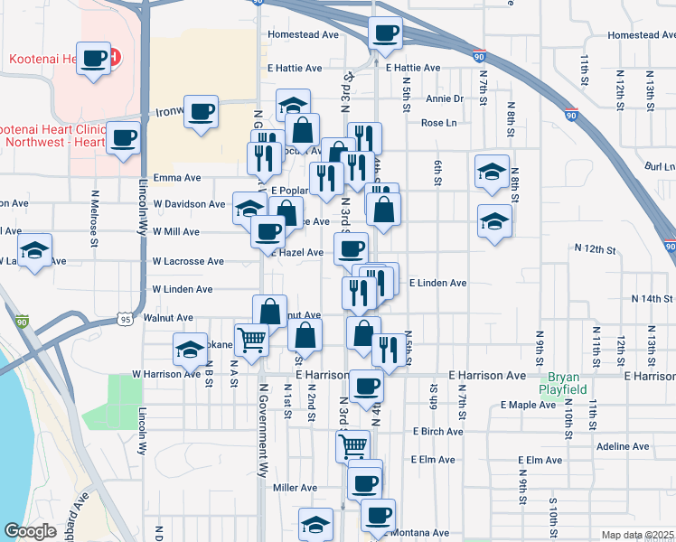 map of restaurants, bars, coffee shops, grocery stores, and more near 1505 North 3rd Street in Coeur d'Alene