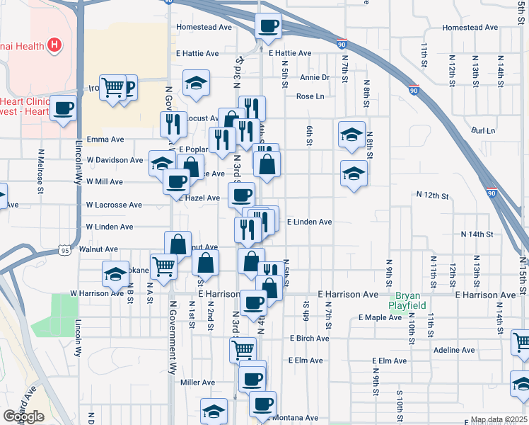 map of restaurants, bars, coffee shops, grocery stores, and more near 1500 North 4th Street in Coeur d'Alene