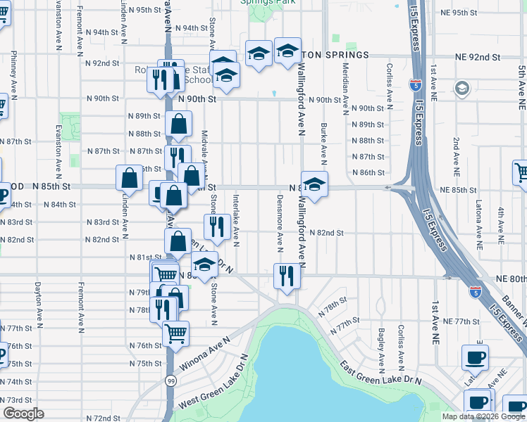map of restaurants, bars, coffee shops, grocery stores, and more near 8226 Ashworth Avenue North in Seattle