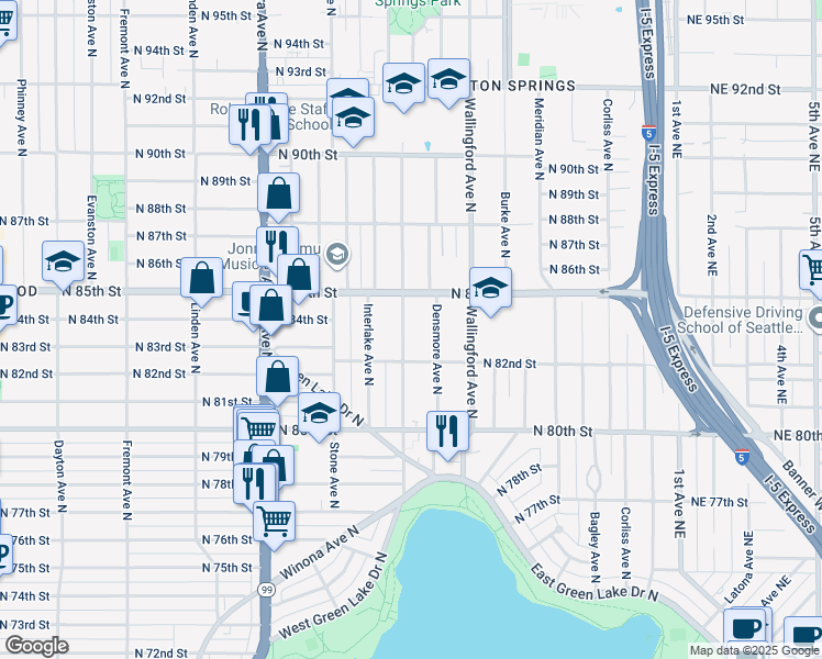 map of restaurants, bars, coffee shops, grocery stores, and more near 8226 Ashworth Avenue North in Seattle
