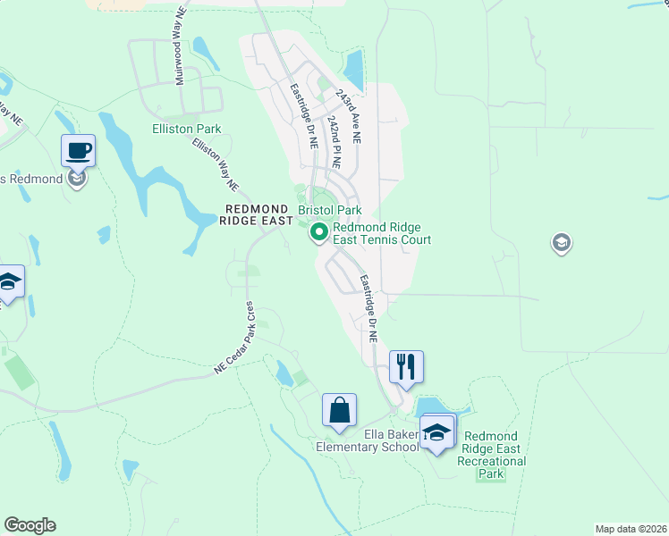 map of restaurants, bars, coffee shops, grocery stores, and more near 10248 242nd Avenue Northeast in Redmond