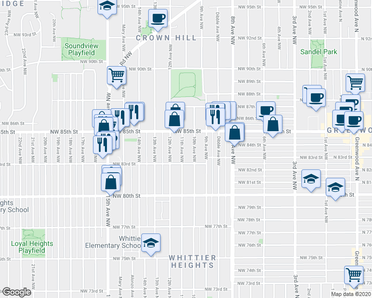 map of restaurants, bars, coffee shops, grocery stores, and more near 8326 11th Avenue Northwest in Seattle