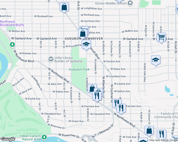 map of restaurants, bars, coffee shops, grocery stores, and more near 2717 West Glass Avenue in Spokane