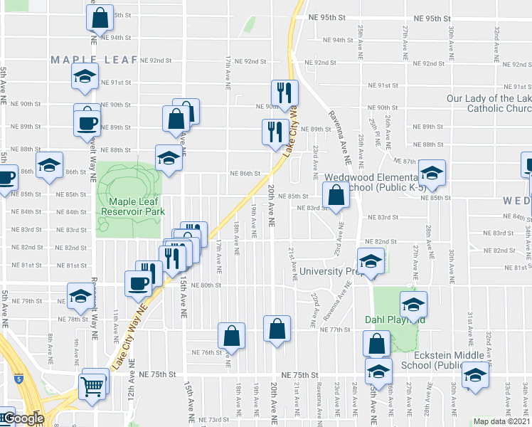 map of restaurants, bars, coffee shops, grocery stores, and more near 8233 20th Avenue Northeast in Seattle