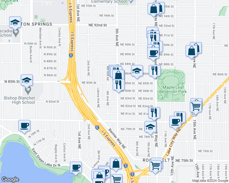 map of restaurants, bars, coffee shops, grocery stores, and more near 8309 5th Avenue Northeast in Seattle