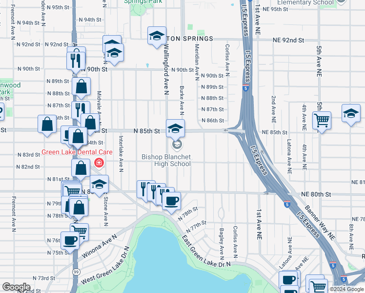map of restaurants, bars, coffee shops, grocery stores, and more near 8200 Wallingford Avenue North in Seattle