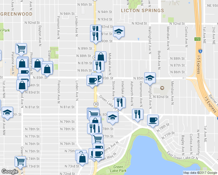 map of restaurants, bars, coffee shops, grocery stores, and more near 1133 North 84th Street in Seattle