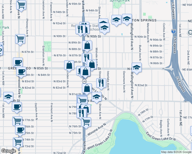 map of restaurants, bars, coffee shops, grocery stores, and more near 1133 North 84th Street in Seattle