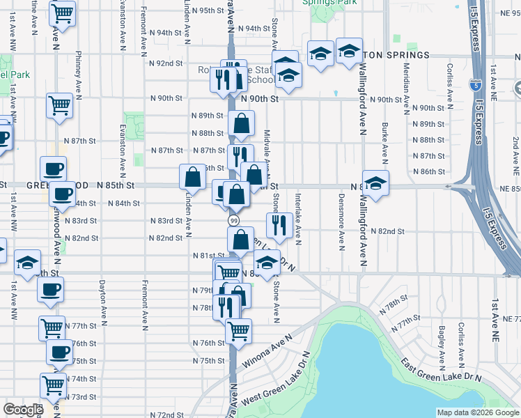 map of restaurants, bars, coffee shops, grocery stores, and more near 1133 North 84th Street in Seattle