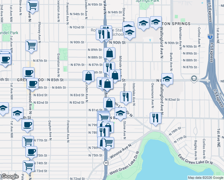 map of restaurants, bars, coffee shops, grocery stores, and more near 1133 North 84th Street in Seattle