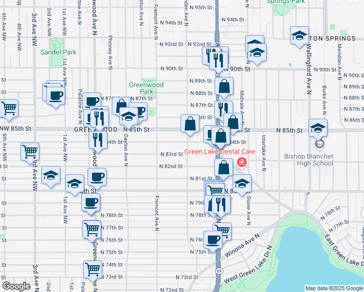 map of restaurants, bars, coffee shops, grocery stores, and more near 8307 Linden Avenue North in Seattle