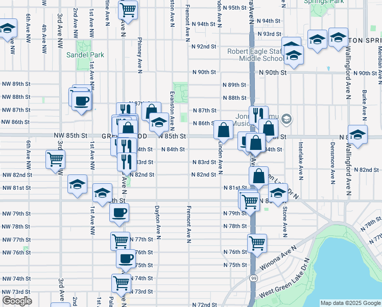 map of restaurants, bars, coffee shops, grocery stores, and more near 717 North 84th Street in Seattle