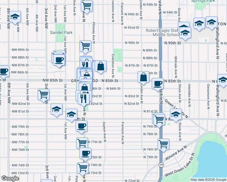 map of restaurants, bars, coffee shops, grocery stores, and more near 545 North 84th Street in Seattle