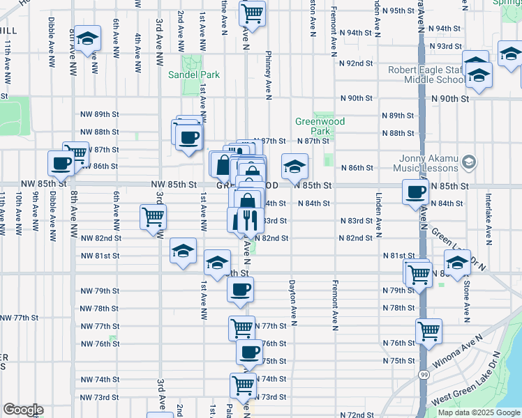 map of restaurants, bars, coffee shops, grocery stores, and more near 8308 Greenwood Avenue North in Seattle