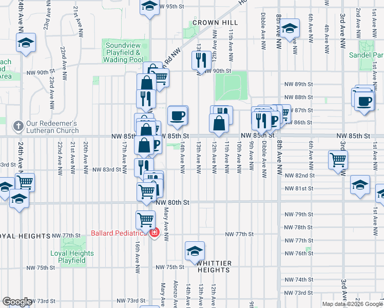 map of restaurants, bars, coffee shops, grocery stores, and more near 8327 13th Avenue Northwest in Seattle