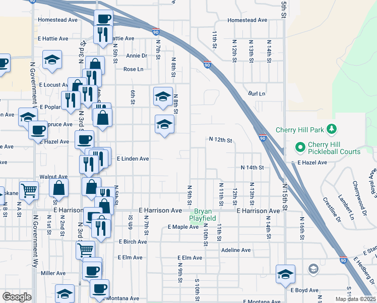 map of restaurants, bars, coffee shops, grocery stores, and more near 1619 North 9th Street in Coeur d'Alene