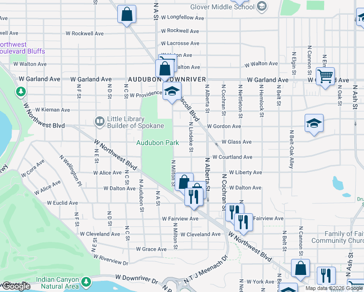map of restaurants, bars, coffee shops, grocery stores, and more near 2717 West Glass Avenue in Spokane